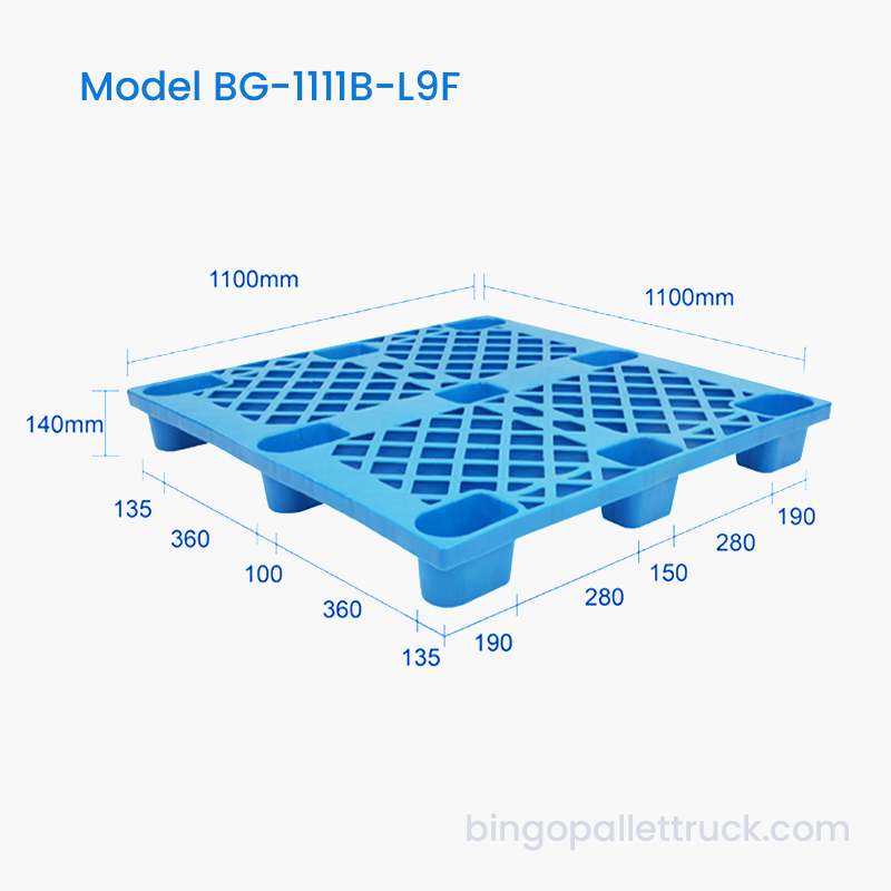 パレット ジャッキおよびフォークリフトの使用に最適化された 1100x1100mm 9 脚プラスチック パレット